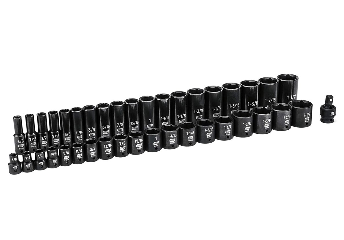 The complete 39-piece GEARWRENCH 1/2-inch drive impact socket set (84947N) arranged in two neat rows, showing the full range of standard and deep sockets and a universal joint.