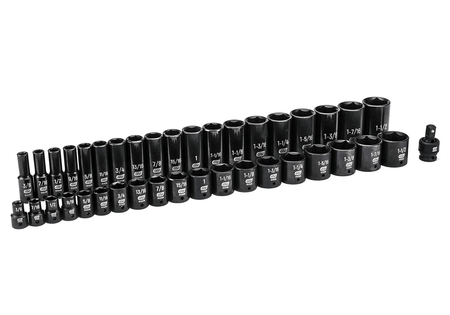 The complete 39-piece GEARWRENCH 1/2-inch drive impact socket set (84947N) arranged in two neat rows, showing the full range of standard and deep sockets and a universal joint.