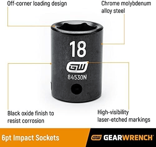 An informational graphic of a 6-point impact socket (84530N) with callouts pointing to features: "Off-corner loading design," "Chrome molybdenum alloy steel," "Black oxide finish," and "High-visibility laser-etched markings."