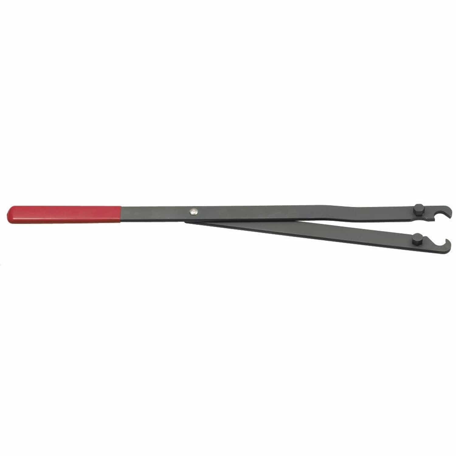 A full profile view of the GEARWRENCH 3900 universal pulley holder engine fan clutch removal wrench against a clean white background, featuring a long 23.5-inch black metal body, a comfortable red rubber grip on the left, and adjustable hooked jaws on the right for securely holding pulley mounting bolts.