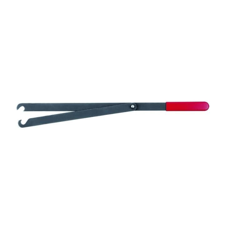 A reverse profile studio shot of the 23.5-inch GEARWRENCH universal pulley holding tool for professional auto mechanics, displaying the adjustable hook pins on the left designed for fan clutch removal on Ford, Dodge, GM, and Jeep trucks, leading to the red cushioned handle on the right.