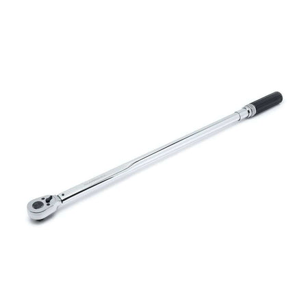 Close-up of a GEARWRENCH micrometer torque wrench with a long polished handle, black grip, and ratcheting head. Designed for applying precise torque to fasteners in automotive and industrial settings. Features a square drive and torque scale.