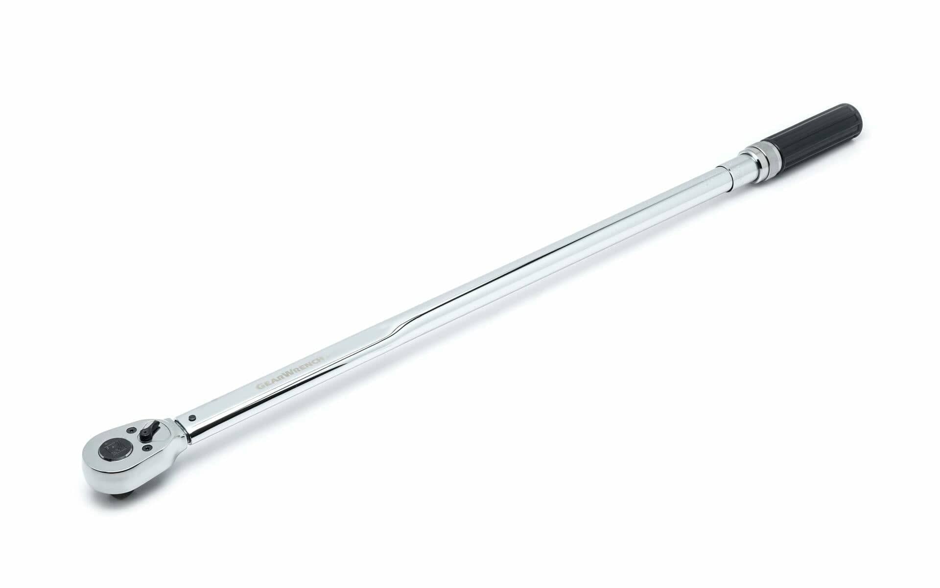 Close-up of a GEARWRENCH micrometer torque wrench with a long polished handle, black grip, and ratcheting head. Designed for applying precise torque to fasteners in automotive and industrial settings. Features a square drive and torque scale.