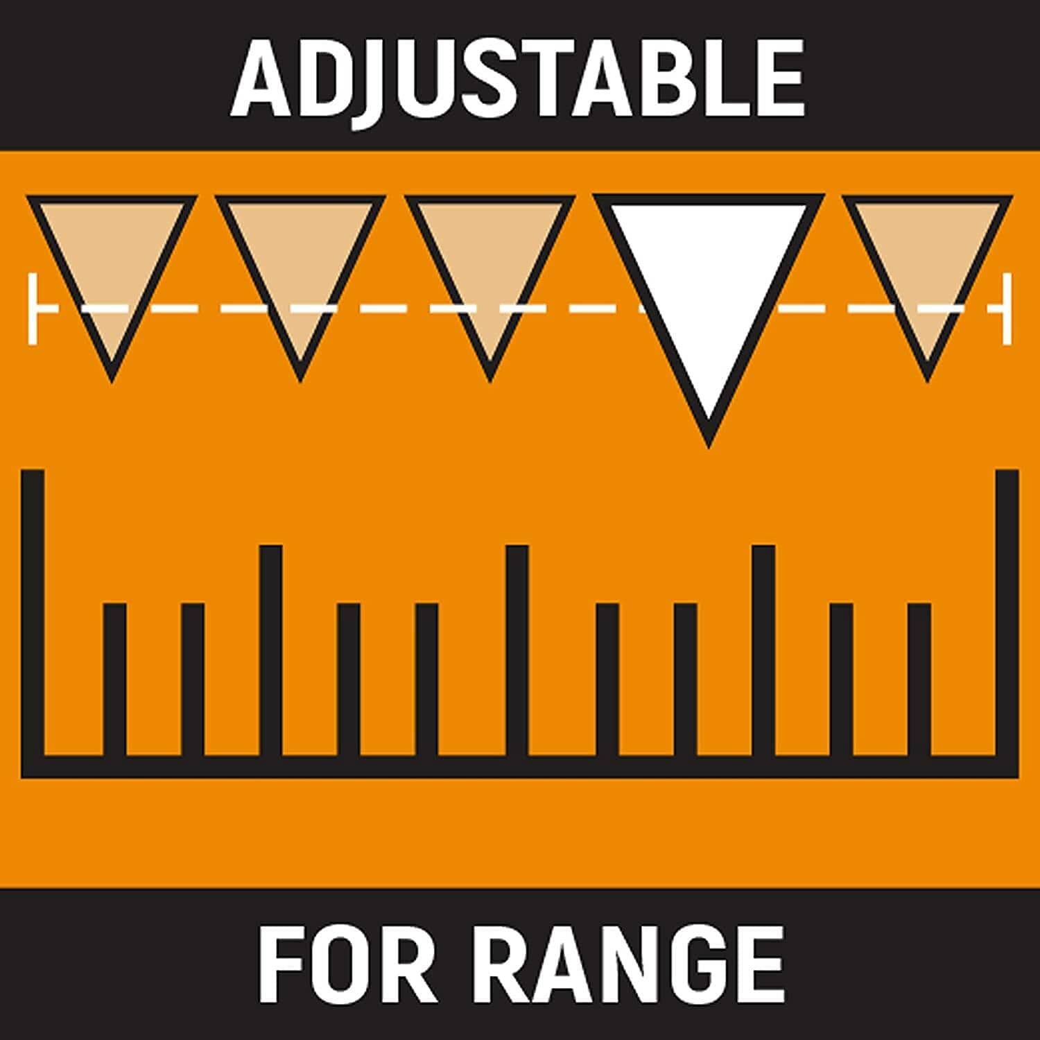 Graphic showing adjustable range indicators with downward-pointing triangles and a scale bar. Text reads “Adjustable for Range.” Represents the GEARWRENCH torque wrench’s customizable torque settings for varied fastening requirements.