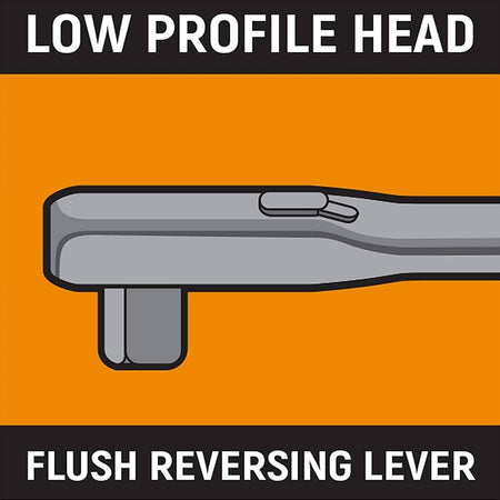 Illustration of a ratchet wrench head with text “Low Profile Head” and “Flush Reversing Lever” on an orange background. Highlights the compact design and easy directional control of the GEARWRENCH torque wrench for tight-space applications.