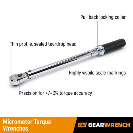 Labeled image of a GEARWRENCH micrometer torque wrench showing features like “Pull Back Locking Collar,” “Highly Visible Scale Markings,” and “Thin Profile Sealed Teardrop Head.” Highlights ±3% torque accuracy and ergonomic design.