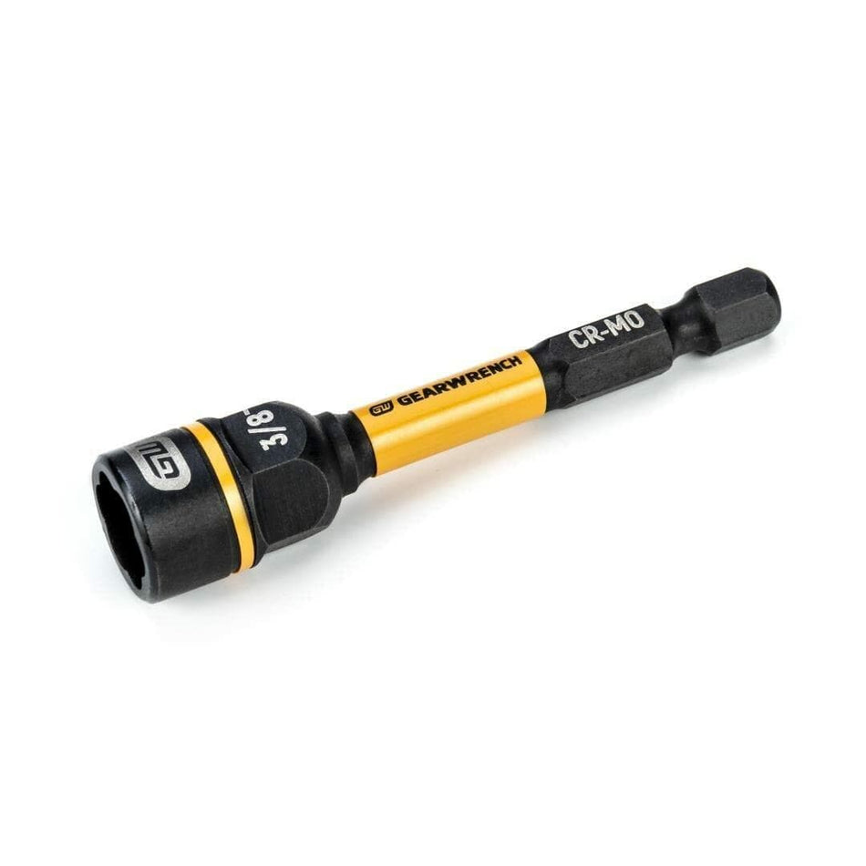 Angled view of the 3/8-inch Bolt Biter Nut Extractor with a yellow shank and black oxide socket head, emphasizing the CR-MO (Chrome-Molybdenum) material mark.