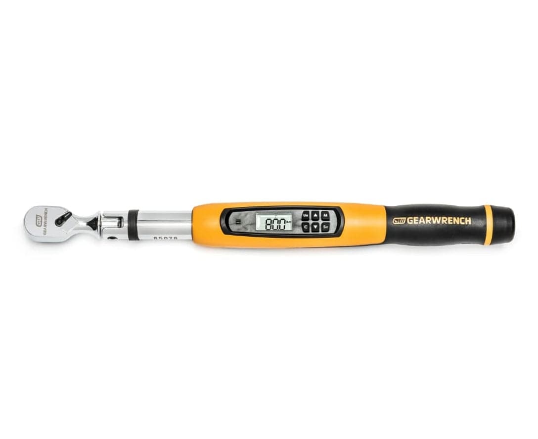 An overhead, straight studio shot of the GEARWRENCH 3/8-inch drive electronic torque wrench, displaying the tool's full length and the digital reading of 80.0 foot-pounds.