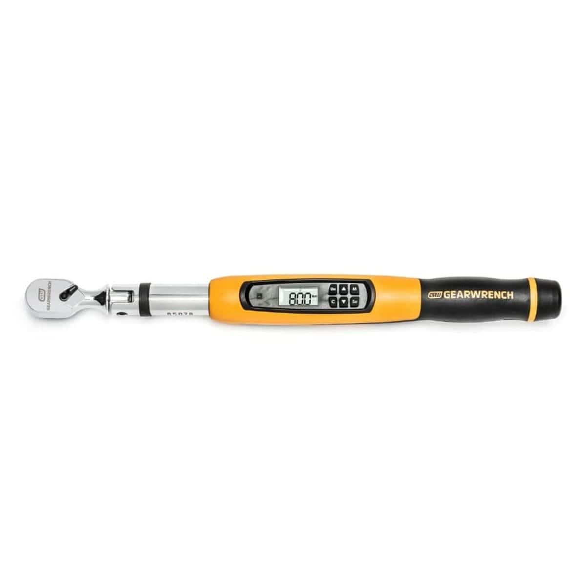 An overhead, straight studio shot of the GEARWRENCH 3/8-inch drive electronic torque wrench, displaying the tool's full length and the digital reading of 80.0 foot-pounds.