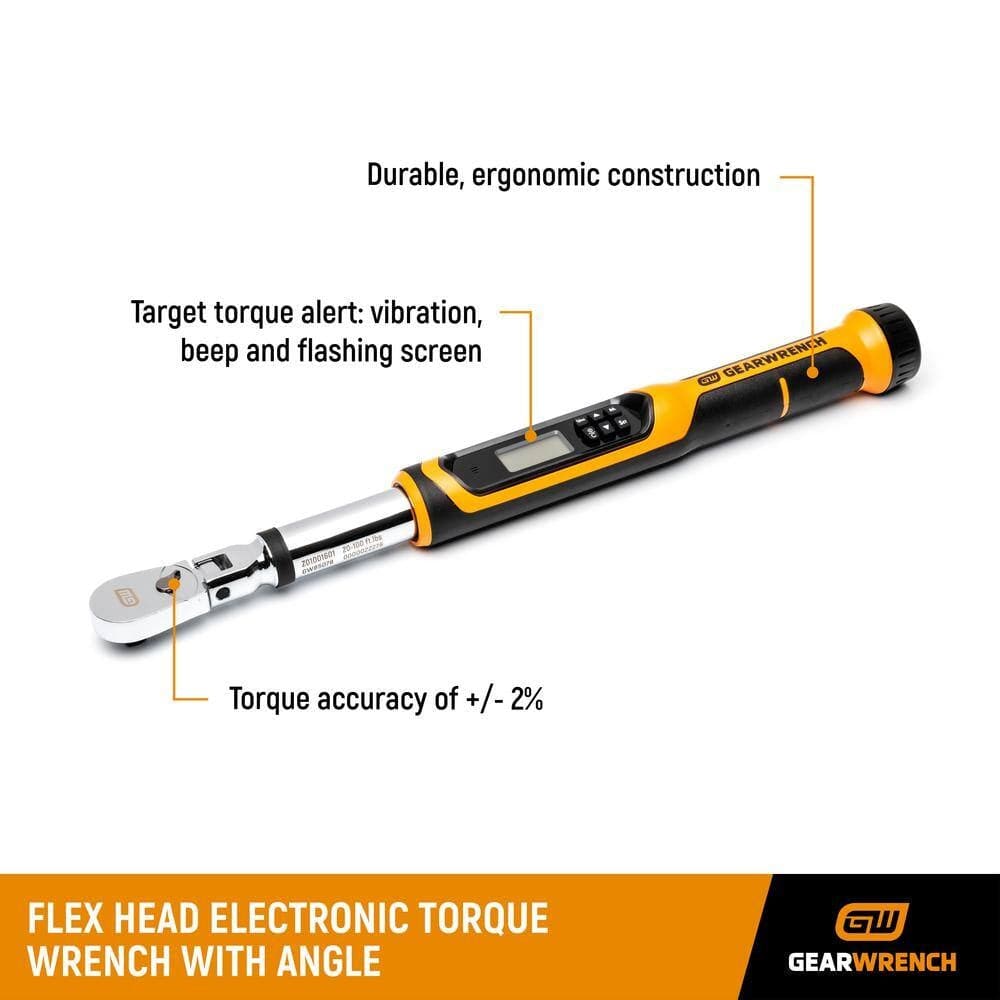 A diagram of the flex head electronic torque wrench with callouts highlighting its key features: +/- 2% torque accuracy, target torque alert system (vibration, beep, flash), and durable ergonomic construction.