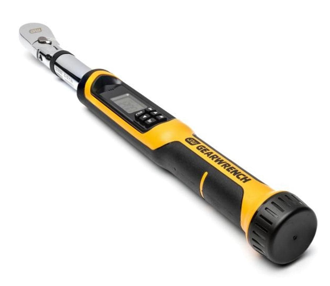 A diagonal view of the electronic torque wrench, showing the ergonomic black and yellow handle and the digital display screen.