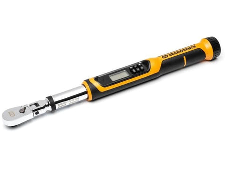 An angled studio shot of the electronic torque wrench, showing the chrome shaft, digital display, control buttons, and the black and yellow dual-durometer handle.
