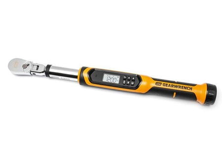 A side view of the electronic torque wrench, clearly displaying the chrome flex head, the digital handle with control buttons, and the black and yellow dual-durometer grip.