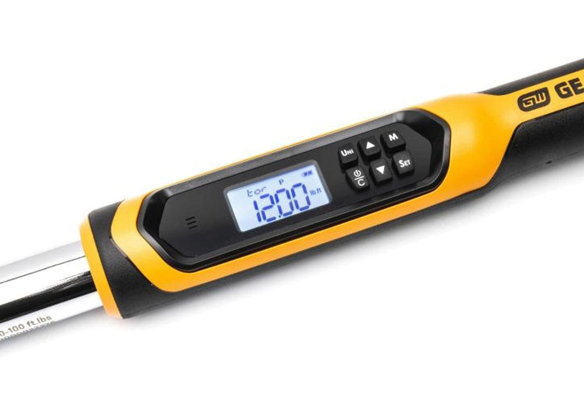 A close-up of the digital LCD screen and control buttons on the electronic torque wrench handle, displaying a reading of 12.00 foot-pounds.