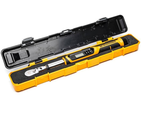 The GEARWRENCH 3/8-inch drive electronic torque wrench resting inside its protective black and orange blow mold storage case.