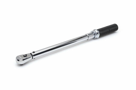 Full view of the GEARWRENCH 85062M 3/8 inch drive micrometer torque wrench, displaying its polished chrome body and black knurled handle on a white background.
