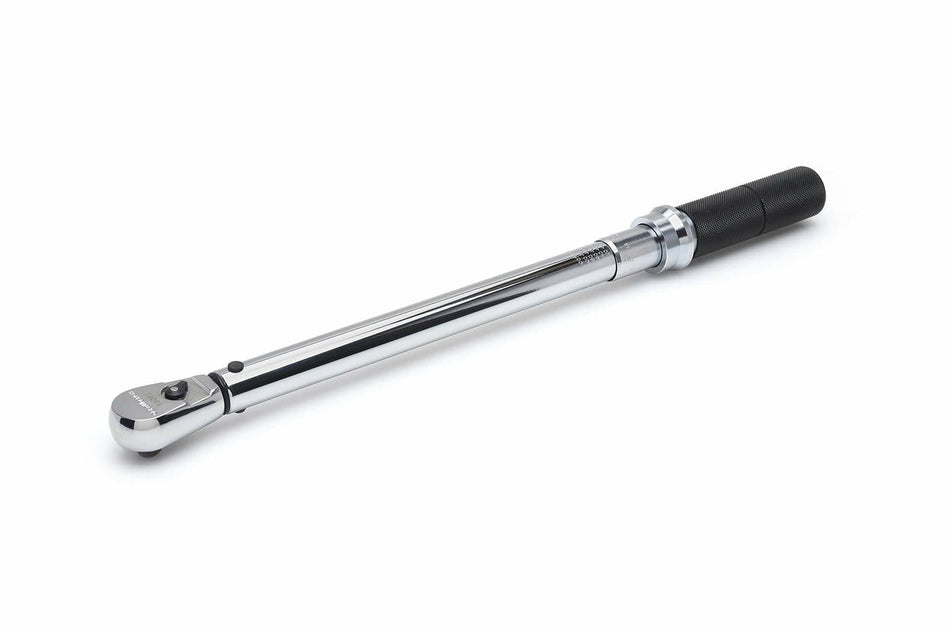 Full view of the GEARWRENCH 85062M 3/8 inch drive micrometer torque wrench, displaying its polished chrome body and black knurled handle on a white background.