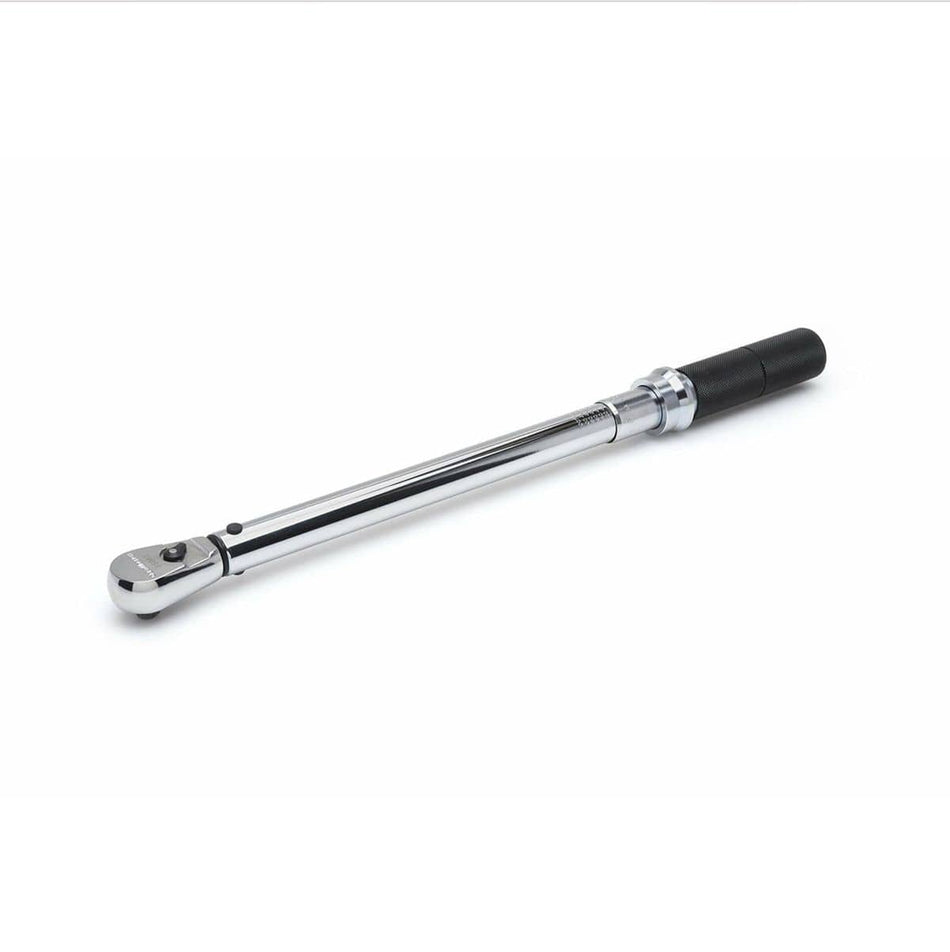 Full view of the GEARWRENCH 85062M 3/8 inch drive micrometer torque wrench, displaying its polished chrome body and black knurled handle on a white background.