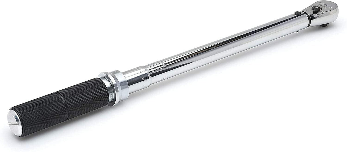 Angled profile view of the complete GEARWRENCH 85062M torque wrench, emphasizing the length of the tool and the details of the teardrop head.
