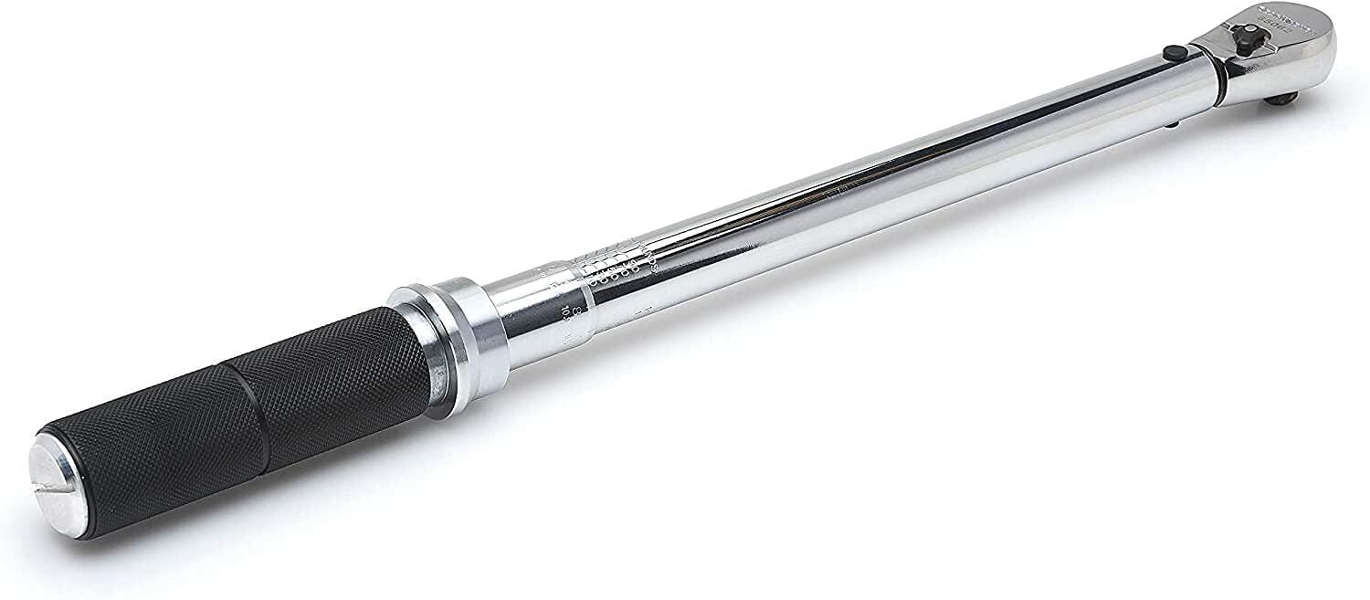 Angled profile view of the complete GEARWRENCH 85062M torque wrench, emphasizing the length of the tool and the details of the teardrop head.