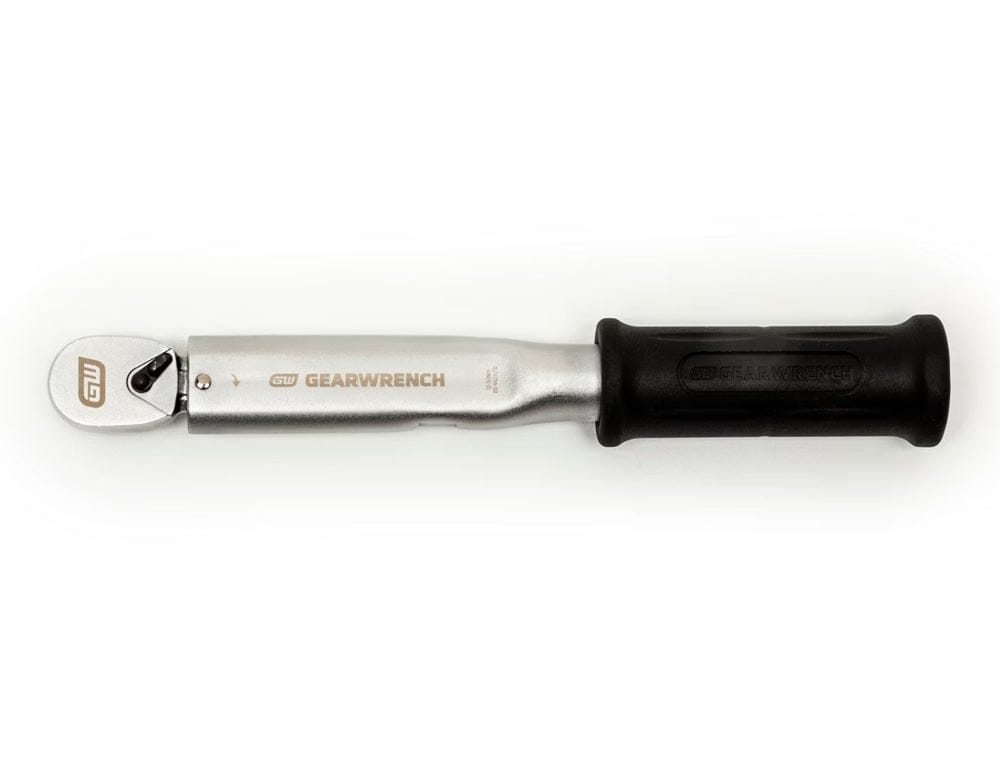 An overhead studio shot of the GEARWRENCH 3/8-inch drive preset micrometer torque wrench, featuring the satin chrome body and black handle on a white background.