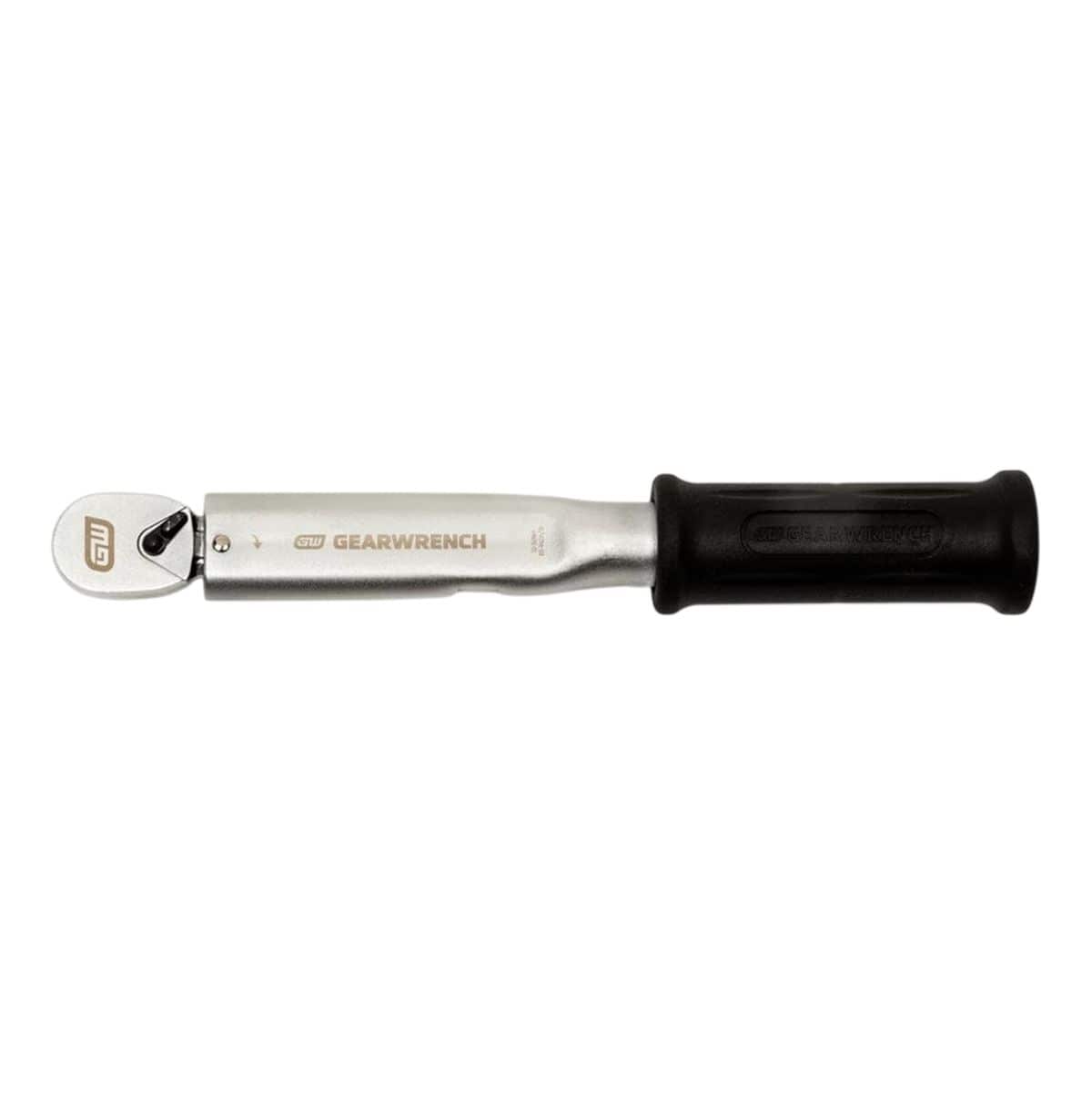 An overhead studio shot of the GEARWRENCH 3/8-inch drive preset micrometer torque wrench, featuring the satin chrome body and black handle on a white background.