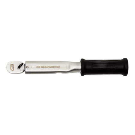 An overhead studio shot of the GEARWRENCH 3/8-inch drive preset micrometer torque wrench, featuring the satin chrome body and black handle on a white background.