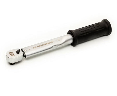 A diagonal studio shot of the preset micrometer torque wrench, showing the satin chrome body, 3/8-inch ratchet head, and black rubber grip.