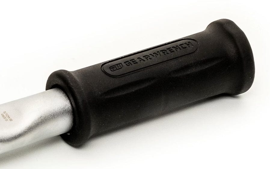 A close-up studio shot of the black rubber handle of the torque wrench, showing the GEARWRENCH logo molded into the grip.