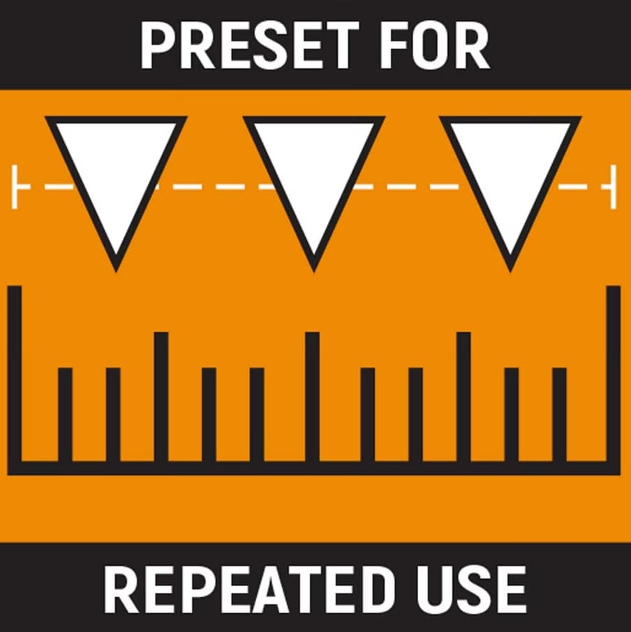 A graphic illustrating the torque wrench's function with three arrows pointing to a ruler scale, accompanied by the text "Preset for Repeated Use."