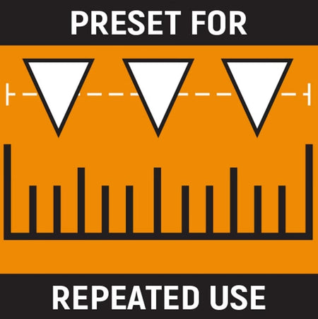 A graphic illustrating the torque wrench's function with three arrows pointing to a ruler scale, accompanied by the text "Preset for Repeated Use."