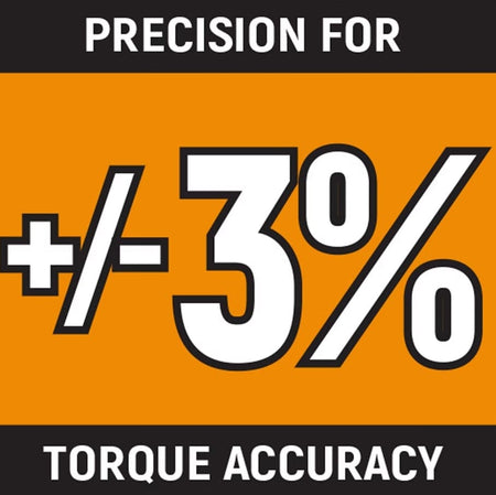A graphic with large numbers showing "+/- 3%" and the text "Precision for Torque Accuracy" on an orange background.