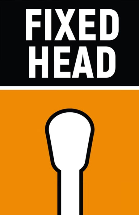 A graphic on an orange and black background featuring the outline of a tool head and the text "Fixed Head."