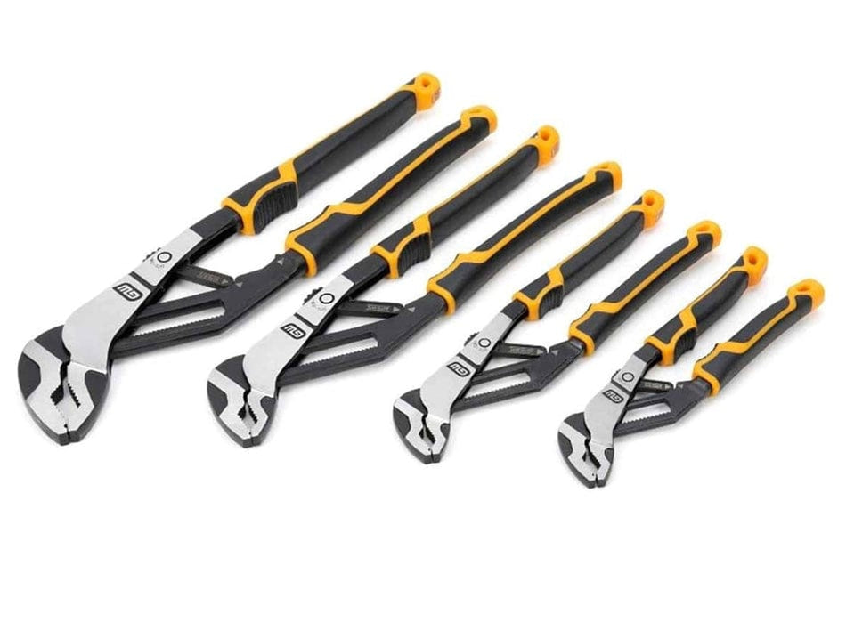 The complete set of four GEARWRENCH Pitbull Auto-Bite Tongue and Groove Pliers, arranged diagonally from largest to smallest, highlighting the black and yellow dual-material handles.