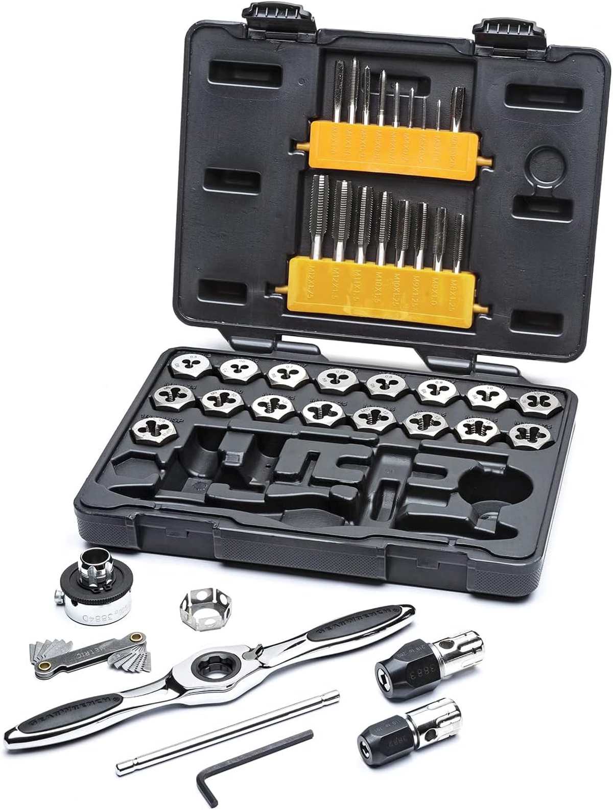 The GearWrench 3886 40-piece metric ratcheting tap and die set displayed with its organized blow-mold carrying case, including the medium ratcheting T-handle, various tap adapters, and a full range of metric taps and dies.