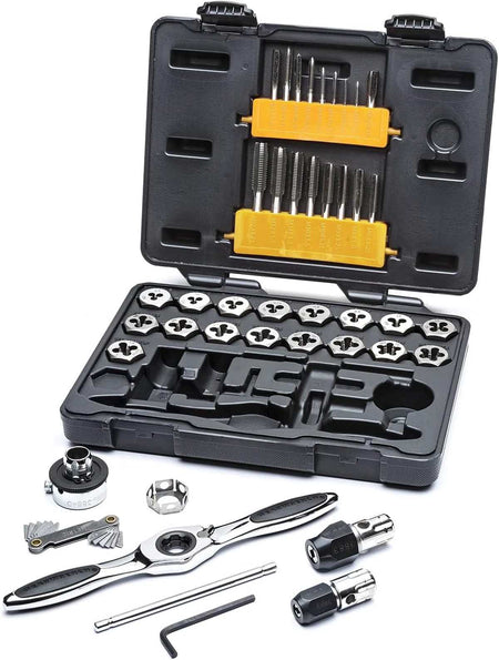 The GearWrench 3886 40-piece metric ratcheting tap and die set displayed with its organized blow-mold carrying case, including the medium ratcheting T-handle, various tap adapters, and a full range of metric taps and dies.