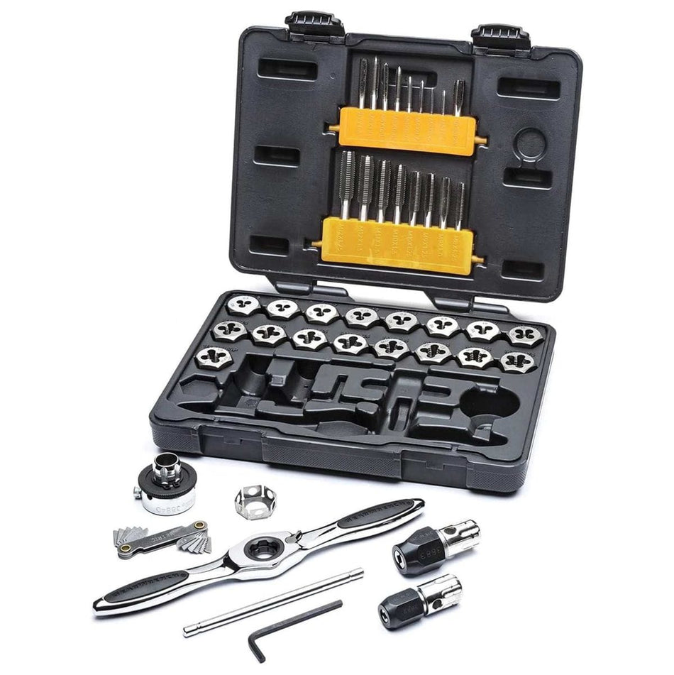 The GearWrench 3886 40-piece metric ratcheting tap and die set displayed with its organized blow-mold carrying case, including the medium ratcheting T-handle, various tap adapters, and a full range of metric taps and dies.