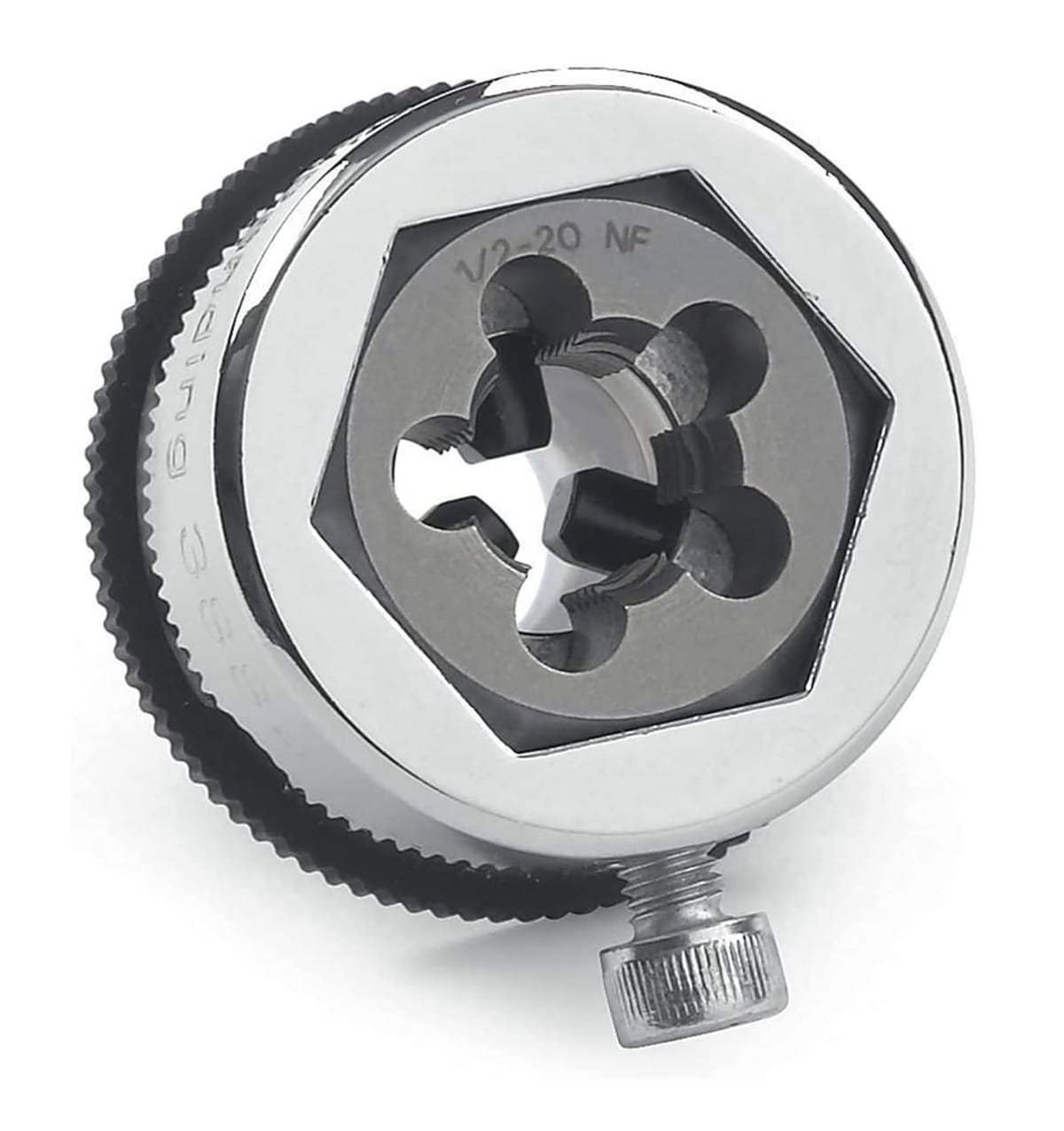 A close-up of the GearWrench medium hex die adapter with a 1/2-20 NF die installed, highlighting the secure set-screw locking mechanism and the knurled Twist Lock guide for perfectly centered cutting.