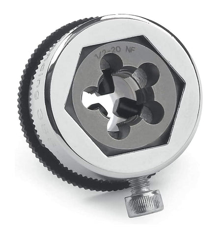 A close-up of the GearWrench medium hex die adapter with a 1/2-20 NF die installed, highlighting the secure set-screw locking mechanism and the knurled Twist Lock guide for perfectly centered cutting.