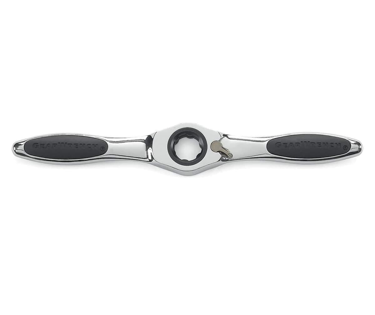 Top-down view of the GearWrench professional ratcheting T-wrench handle featuring an ergonomic chrome-plated body with non-slip grips and a centered reversing lever for easy directional changes.