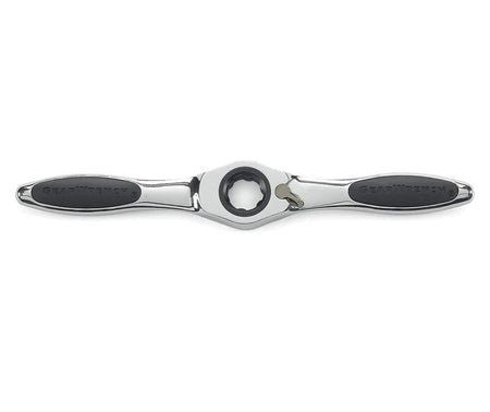 Top-down view of the GearWrench professional ratcheting T-wrench handle featuring an ergonomic chrome-plated body with non-slip grips and a centered reversing lever for easy directional changes.