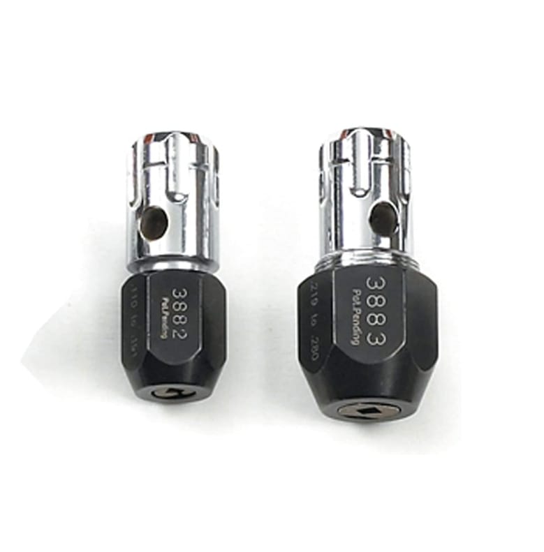 Two GearWrench tap adapters, models 3882 and 3883, showing the precision-machined steel construction and the auto-locking interface for secure attachment to the ratcheting T-handle.