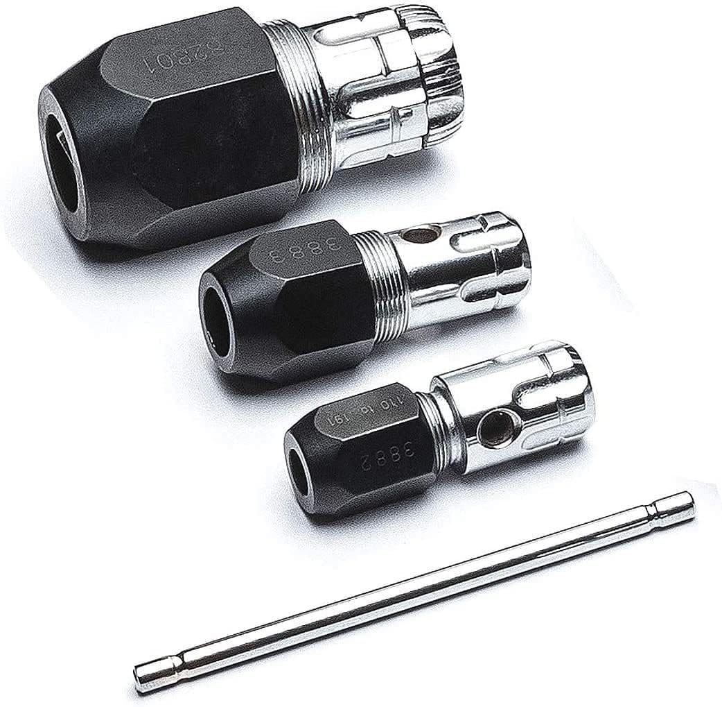 A collection of GearWrench threading accessories including three specialized tap adapters of varying sizes and a long reach sliding T-handle for accessing deep-set fasteners in tight spaces.