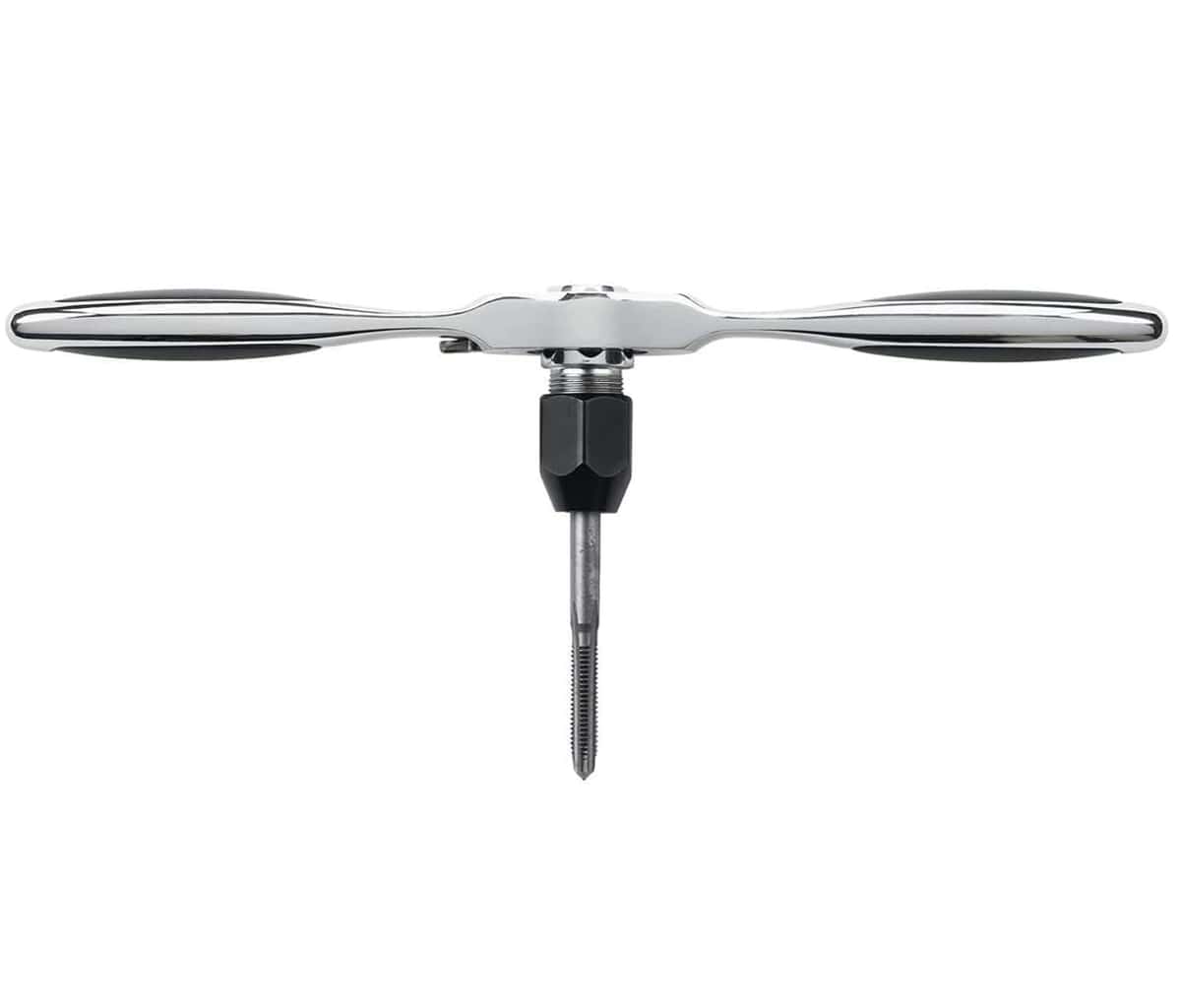 Side profile of the GearWrench ratcheting T-handle with a metric tap installed, illustrating the slim tool clearance and balanced design for professional thread cutting applications.