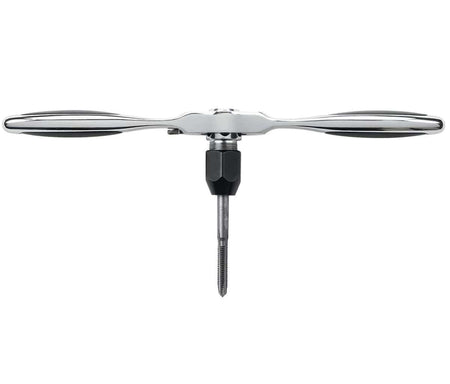 Side profile of the GearWrench ratcheting T-handle with a metric tap installed, illustrating the slim tool clearance and balanced design for professional thread cutting applications.