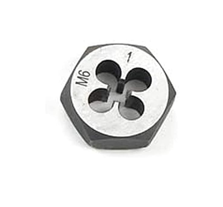 Detailed view of a GearWrench M6 metric solid hex die, engineered for cleaning up damaged threads or cutting new threads with industrial-grade precision.