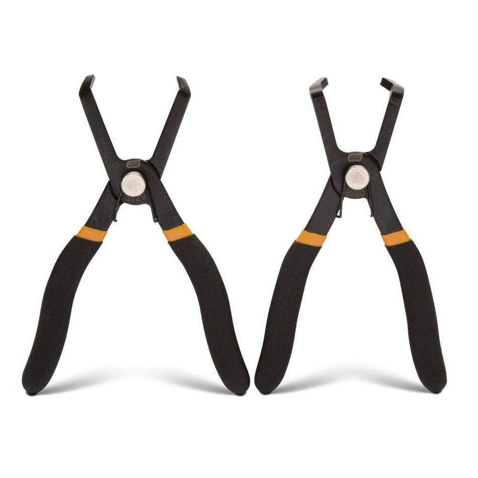 A front-facing studio shot of the GEARWRENCH 41840D set featuring two professional push pin pliers with black oxide finishes and ergonomic double cushion grip handles in molten orange and black.
