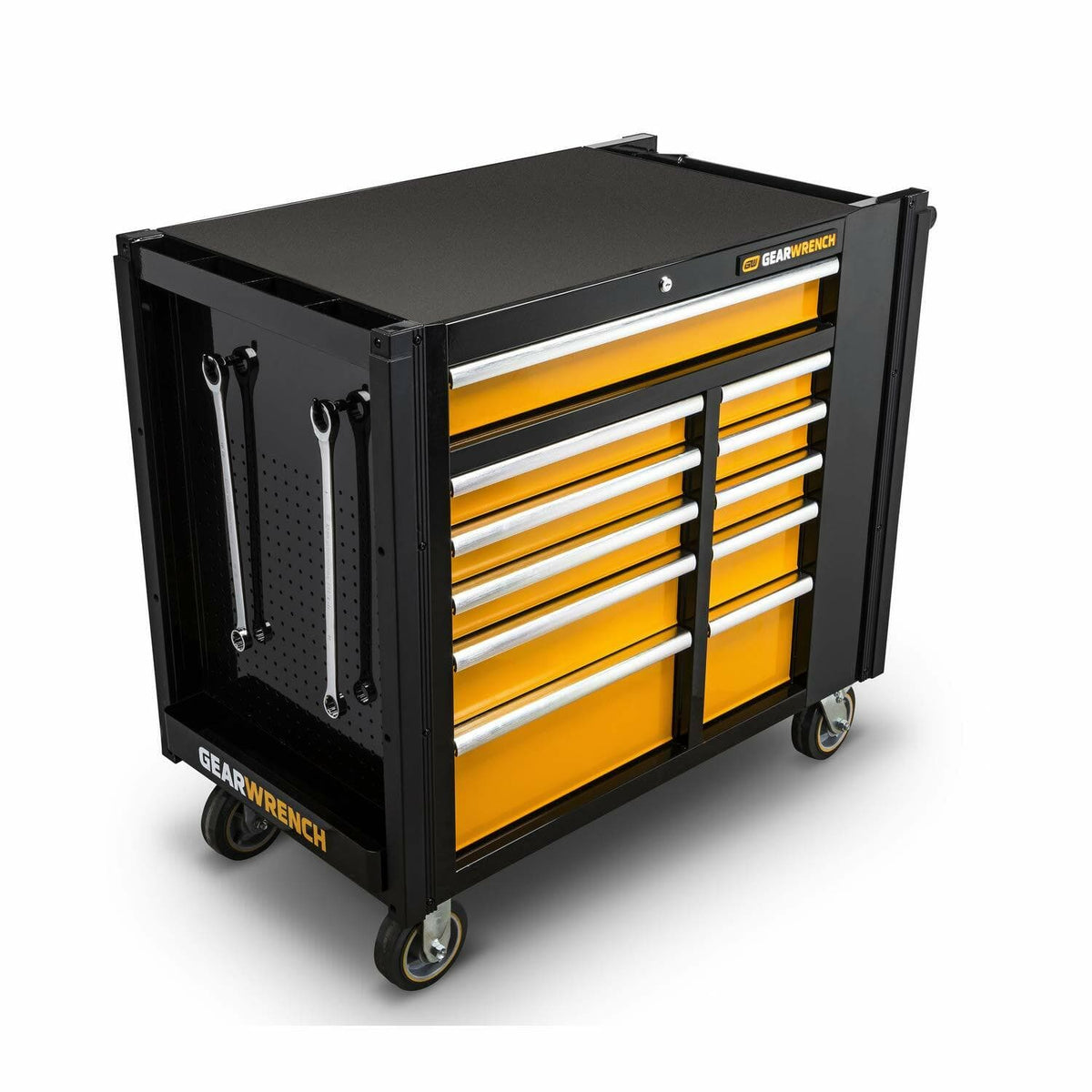 An angled view of the GEARWRENCH 11-drawer mobile work station, showing the peg board side panel with wrenches hanging and the heavy-duty top work surface.