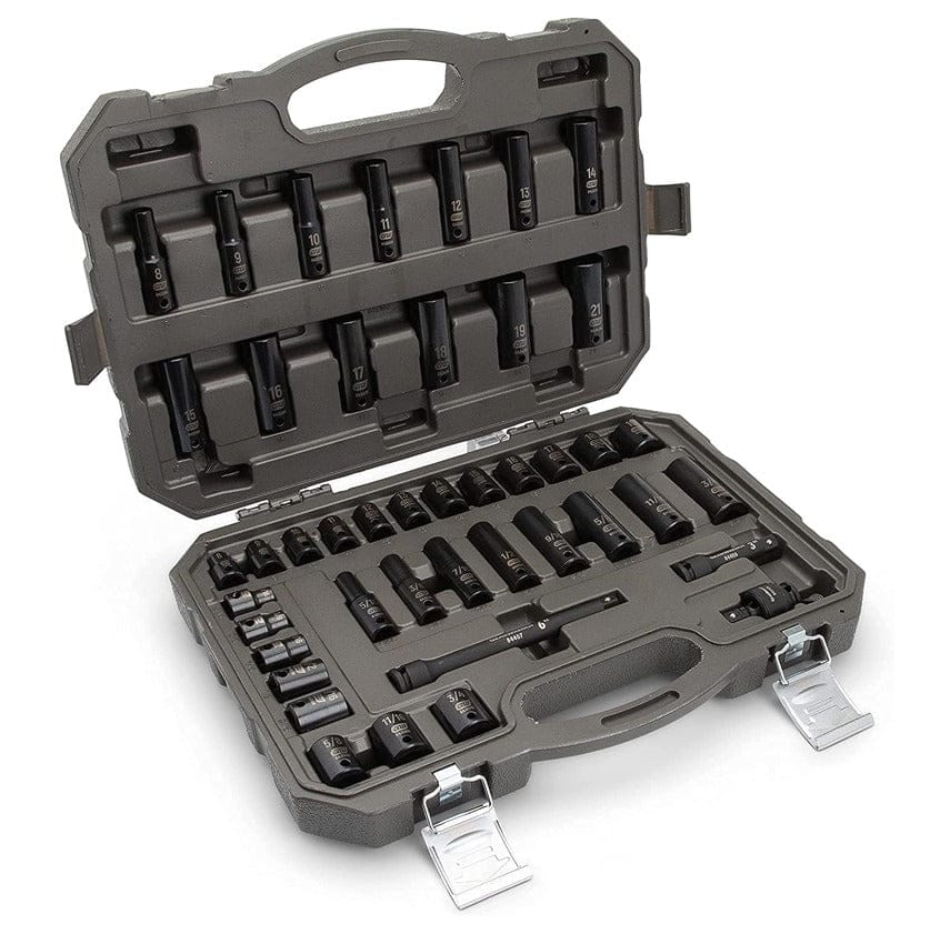 The GEARWRENCH 84916N blow-molded case shown open, with all 44 sockets, extensions, and the universal joint organized in their specific slots.