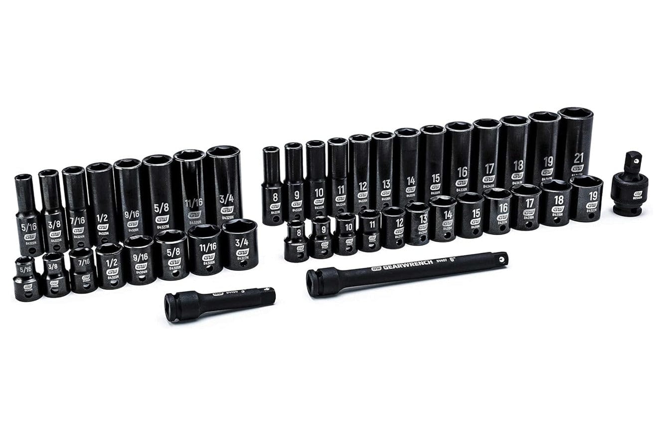 The complete 44-piece GEARWRENCH 84916N impact socket set, including all standard sockets, deep sockets, extensions, and the universal joint, laid out on a white background.